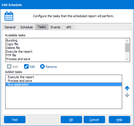 Selecting the "Run application" task on the Tasks tab of the Edit Schedule dialog